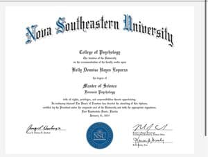 Master of Science in Forensic Psychology diploma, Nova Southeastern University, awarded to Kelly Dennise Reyes Esparza