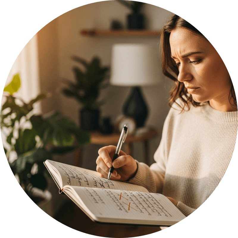 A woman focused on planning and organizing her tasks in a journal