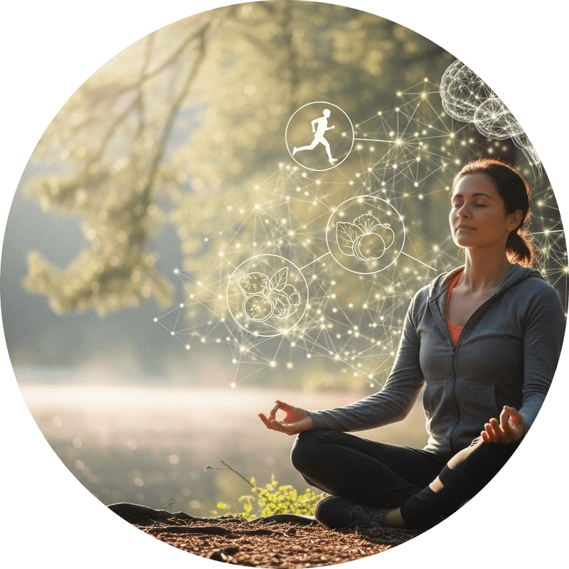 A person meditating outdoors with an illustrated network of neurons around them, representing focus and cognition
